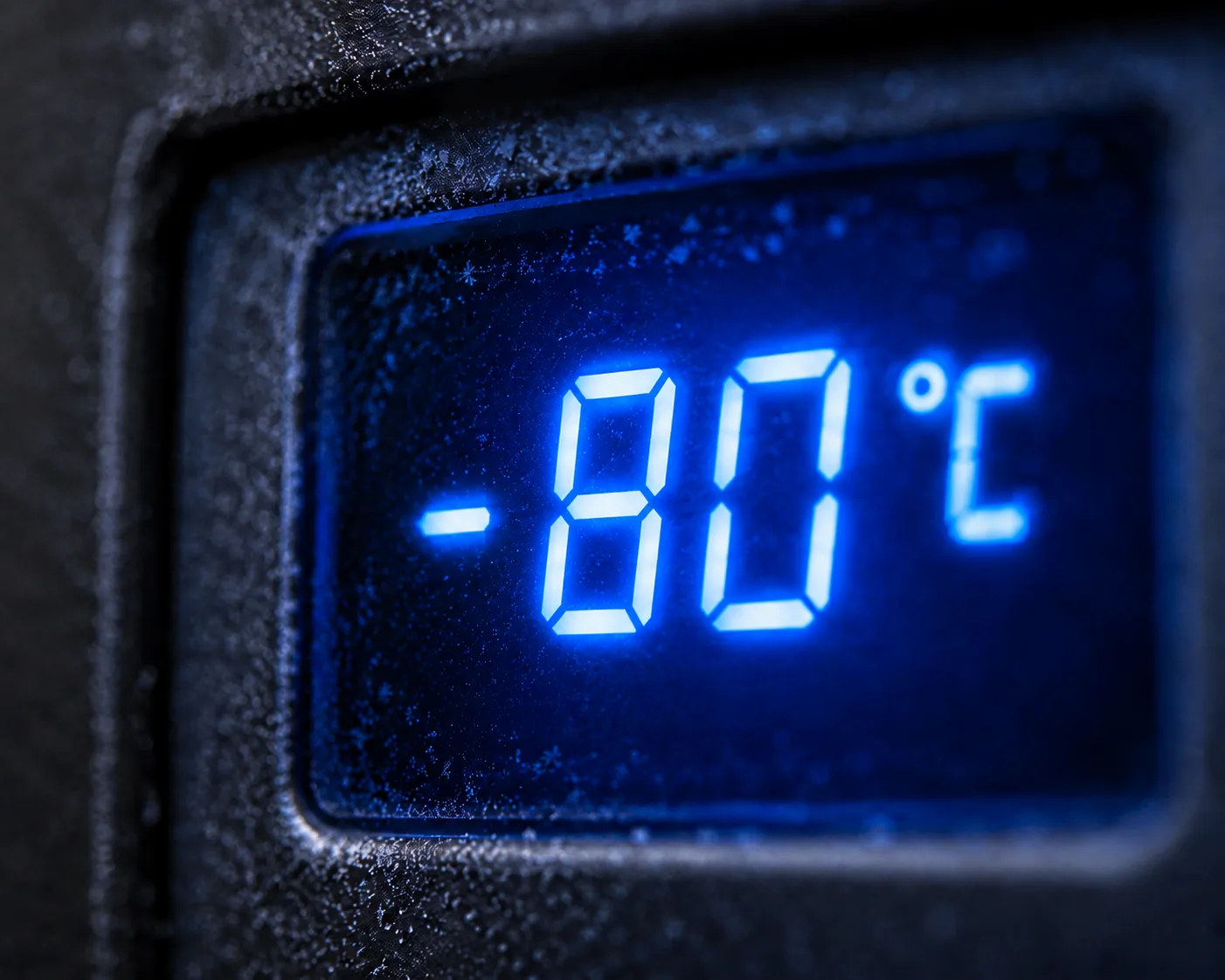 A freezer display reading minus 80 degrees Celsius.