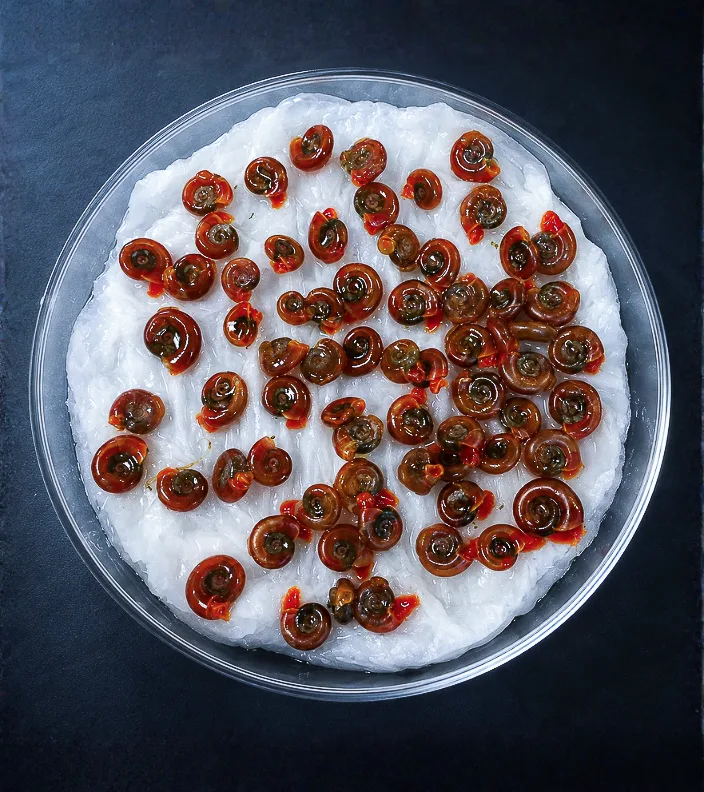 A petri dish of snails on damp bedding, photographed from above.