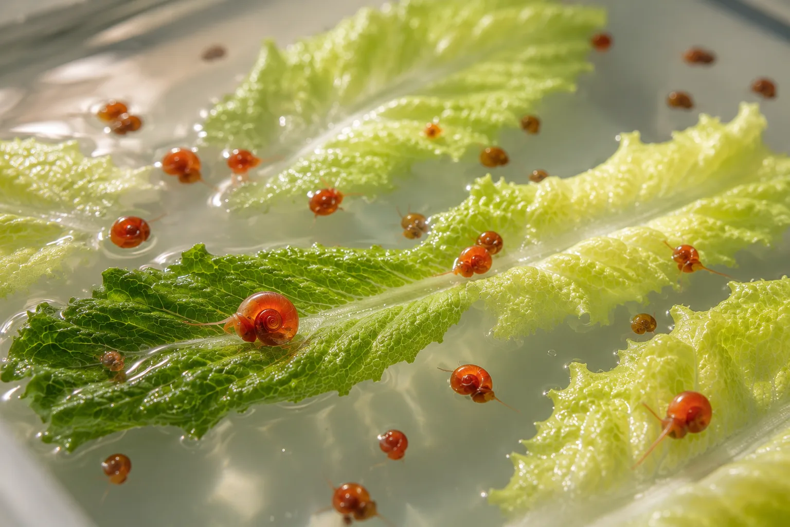 Young snails feeding on lettuce leaves in a shallow tray of water